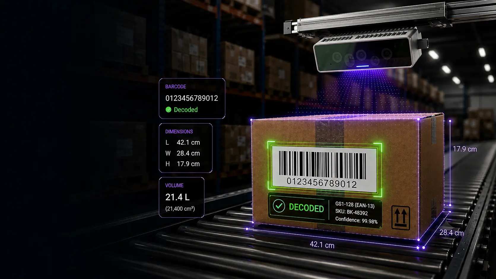 Detect and decode barcodes, QR codes, and labels at line speed with high-resolution imaging and on-device AI, on a platform that also dimensions, inspects, and tracks.