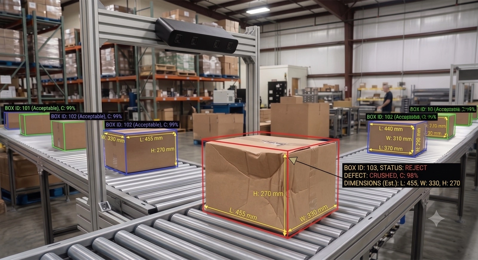Conveyor line with dimensioned boxes and a crushed carton flagged as a reject