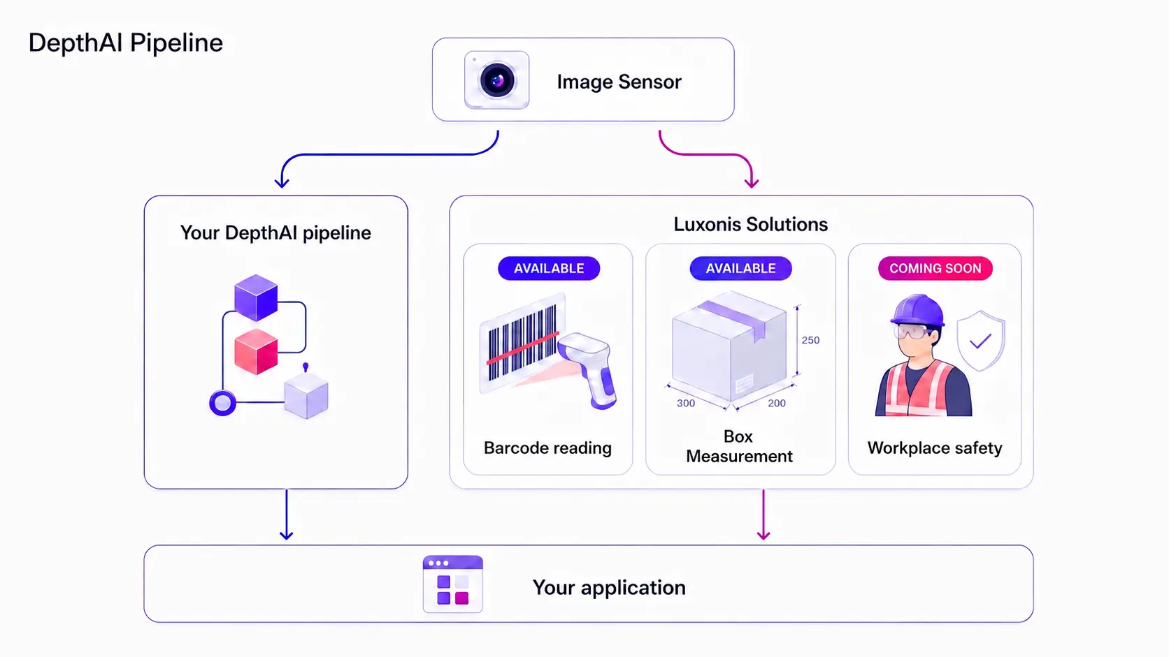 DepthAI pipeline diagram: one sensor feed shared between the Luxonis box measurement solution and a custom pipeline