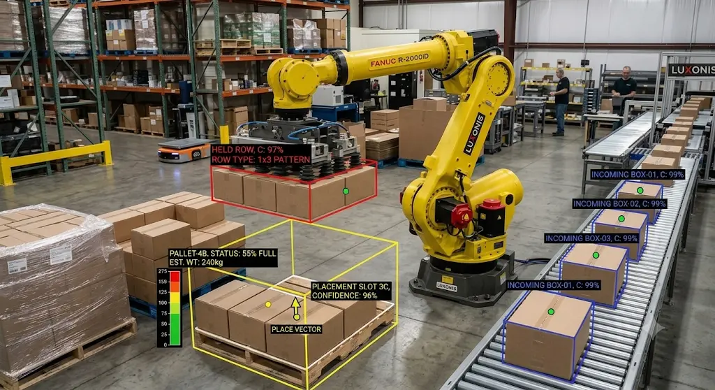 Robot arm palletizing boxes with per-box detection and placement overlays